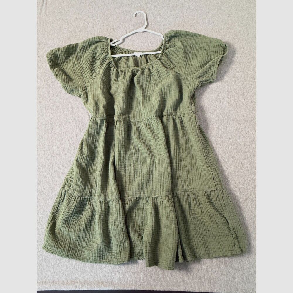 Beachlunchlounge Olive Green Cotton Crinkle Gauze Tiered Babydoll Dress XXL Boho